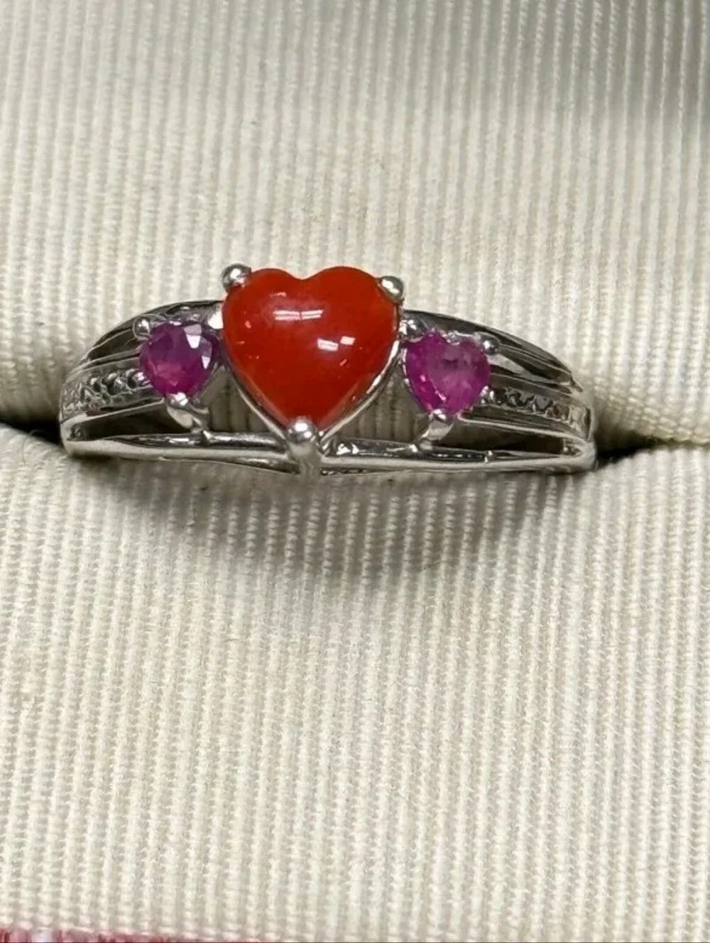 Sterling Silver Mediterranean Coral Heart & Ruby Ring SZ 5